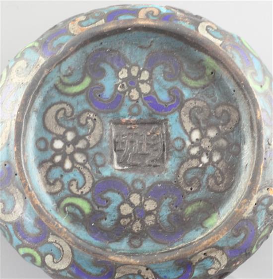 A Chinese bronze and champleve enamel two handled censer, width 11cm